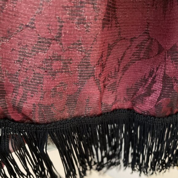 Vintage Italian Damask Scarf Burgundy Metallic Lame Fringe Opera Old Money 11X56 - Picture 3 of 9